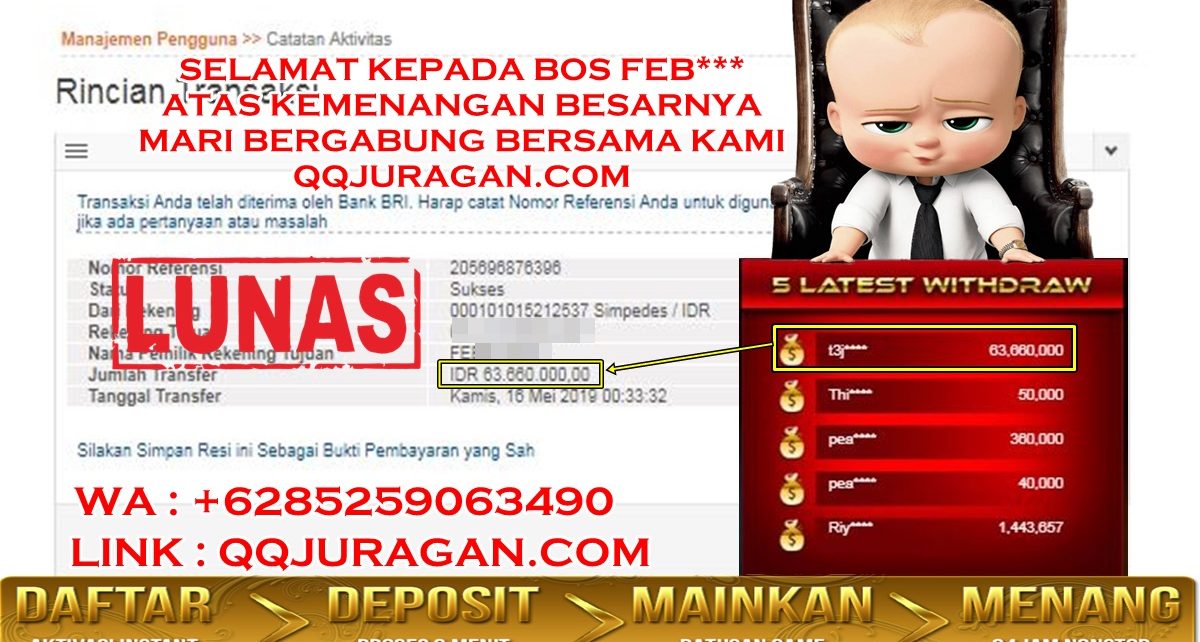 Bukti Transfer Kemenangan Member Setia JuraganQQ