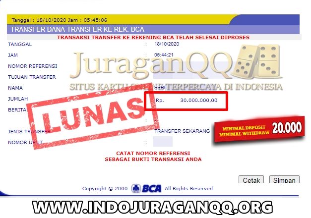 Bukti Transfer Kemenangan Member Setia JuraganQQ