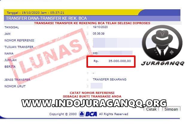 Bukti Transfer Kemenangan Member Setia JuraganQQ