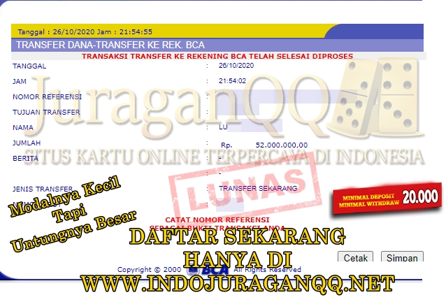 Bukti Transfer Kemenangan Member Setia JuraganQQ