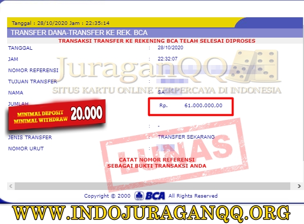 Bukti Transfer Kemenangan Member Setia JuraganQQ