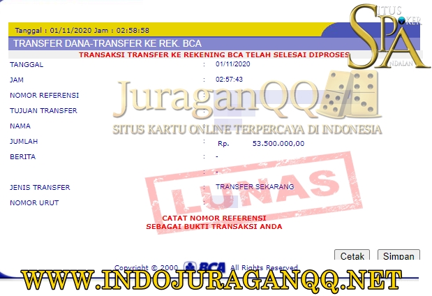 Bukti Transfer Kemenangan Member Setia JuraganQQ