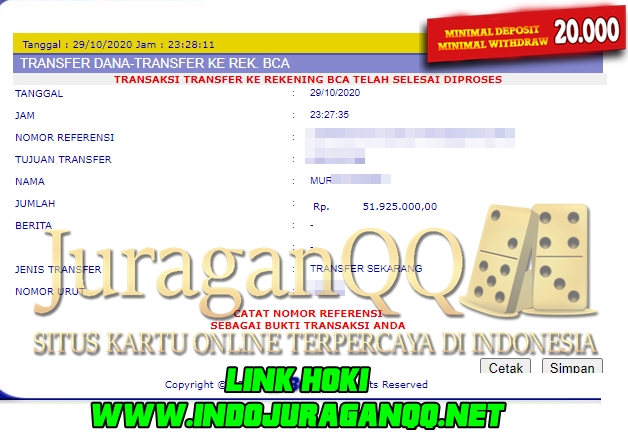 Bukti Transfer Kemenangan Member Setia JuraganQQ