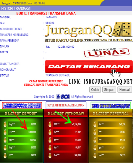 Bukti Transfer Kemenangan Member Setia JuraganQQ