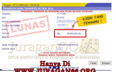 Bukti Transfer Kemenangan Member Setia JuraganQQ