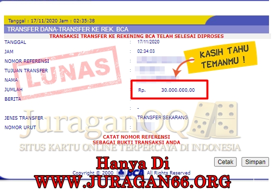 Bukti Transfer Kemenangan Member Setia JuraganQQ