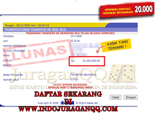 Bukti Transfer Kemenangan Member Setia JuraganQQ