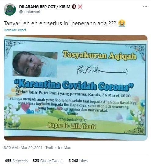 Karantina Covidah Corona, Nama Bayi Baru Lahir Jadi Viral