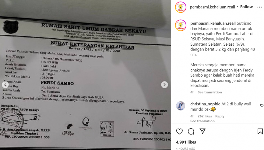 Viral Bayi Diberi Nama Perdi Sambo